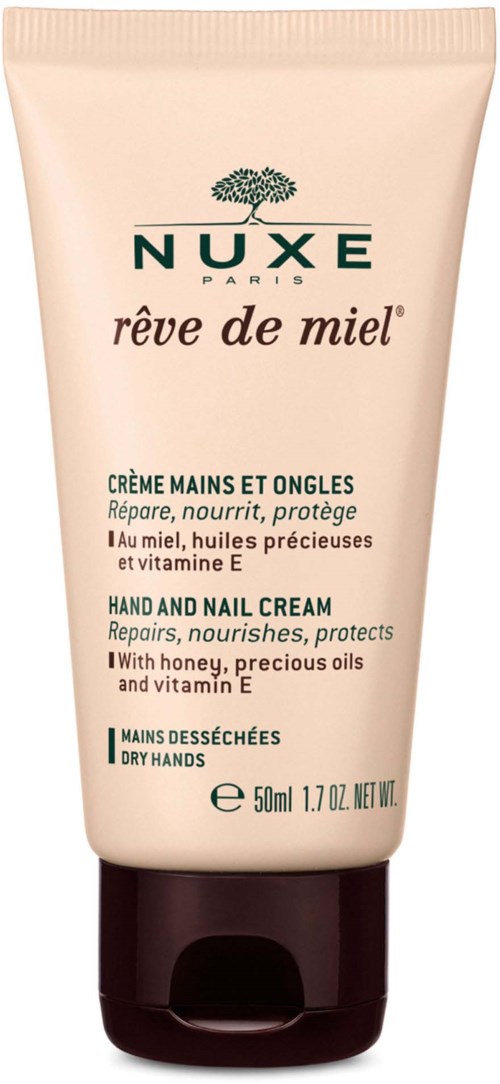 Nuxe-logo, honingkleurige handcrème tube, tekst over verzorgende en beschermende eigenschappen, 50 ml.