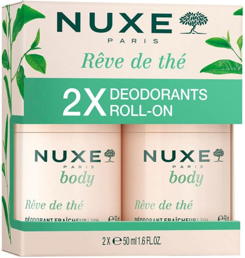 En låda med Nuxe Paris deorrollons med grön och vit förpackning, märkt "Rêve de thé" och "2X".