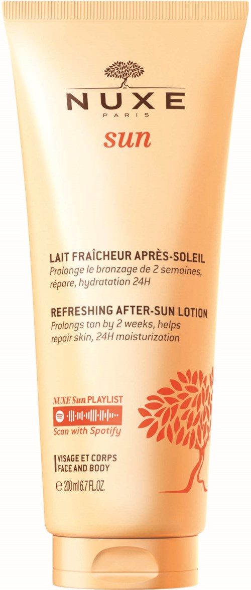 Eine Tube Nuxe Sun After-Sun Lotion mit rosa Deckel und orangefarbenem Blumenmuster.