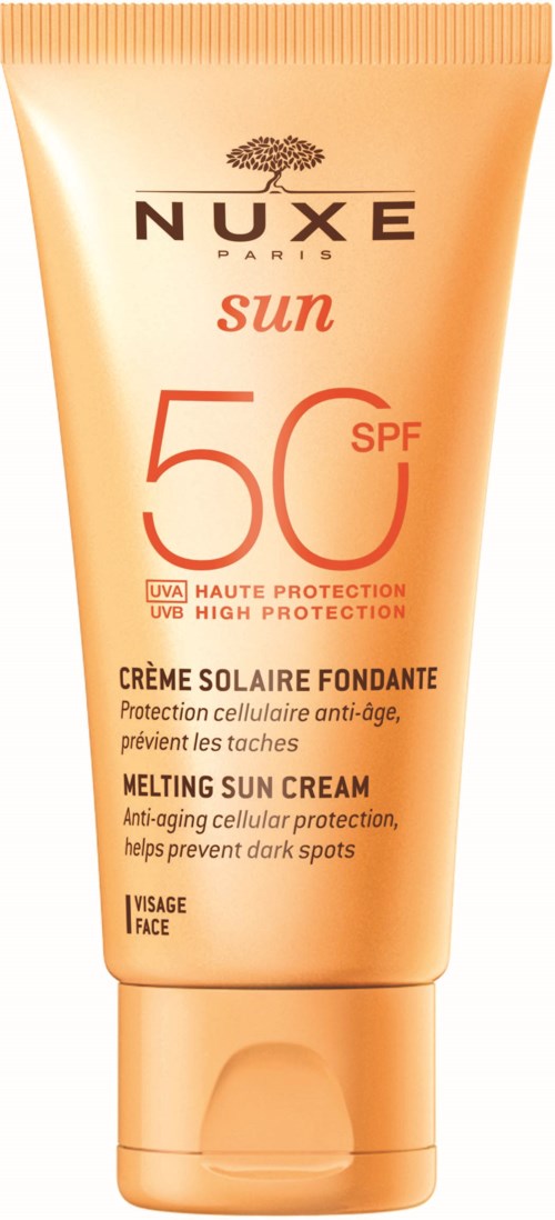 A peach-colored sunblock tube with SPF 50, NUXE Paris, and description of sun protection for face.
