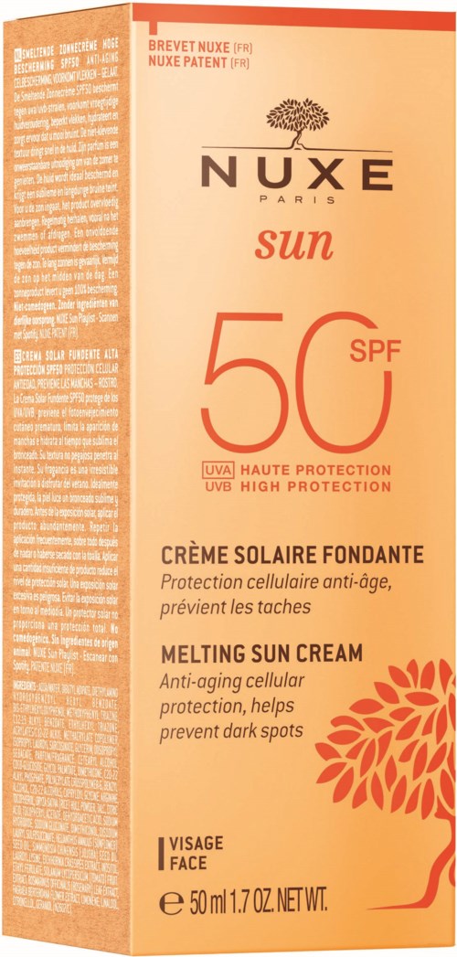 Sun protection cream with SPF 50, anti-aging, prevents dark spots, for face, in orange packaging.