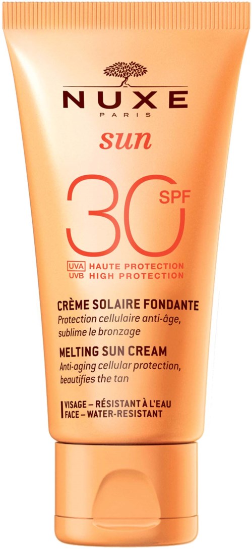 A tube of Nuxe Sun melting sun cream with SPF 30, protection for face, water-resistant, anti-aging, and bronzing.