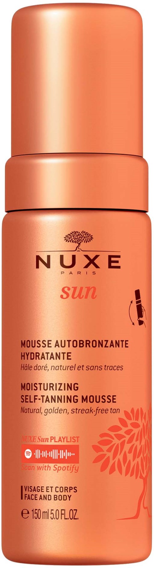 A peach-colored bottle of Nuxe sun moisturizing self-tanning mousse for face and body with a pump.