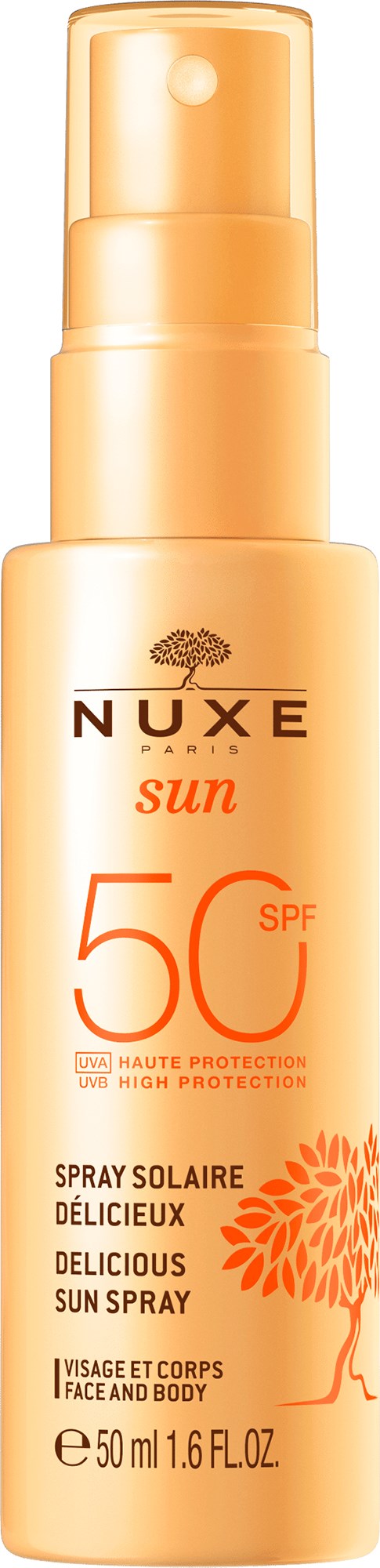 Sun protection spray bottle with SPF 50, orange design, for face and body, by Nuxe.