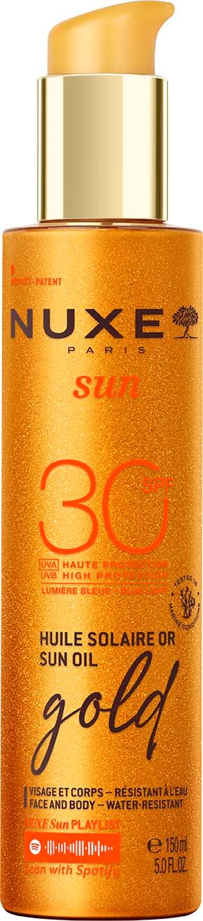 En flaska Nuxe sololja med SPF 30, gyllene färg, och pump för hudskydd.