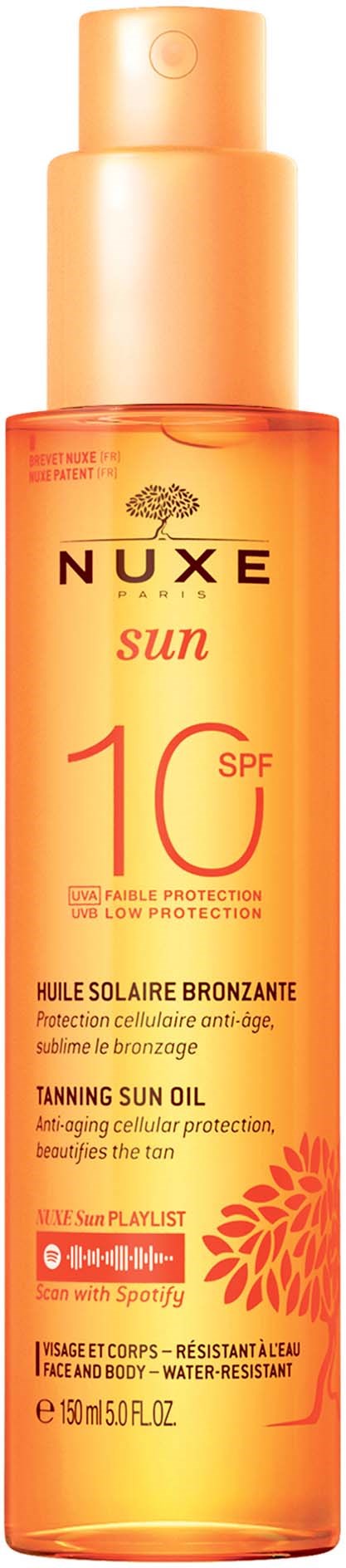 A sunscreen spray bottle with SPF 10, orange color, and sun protection labeling. Contains tanning benefits.
