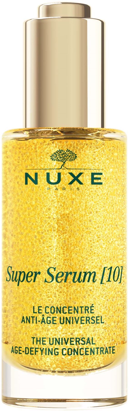 A clear glass bottle with yellow liquid, gold cap, branding for NUXE Super Serum, labeled as anti-aging treatment.