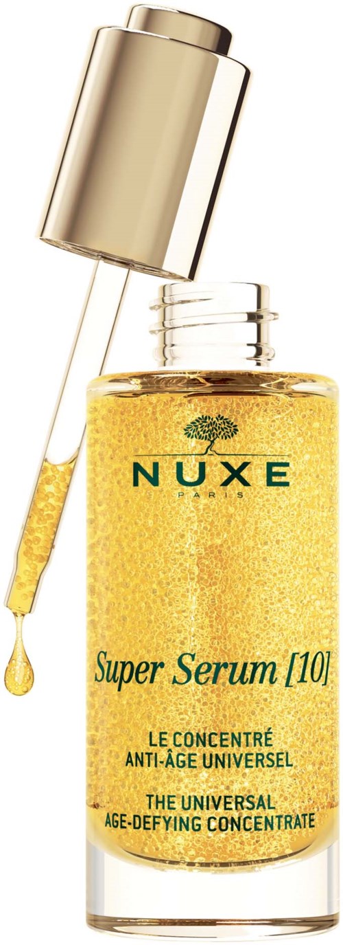 A yellow serum bottle with a dropper, labeled NUXE Super Serum, anti-age, universal age-defying concentrate.
