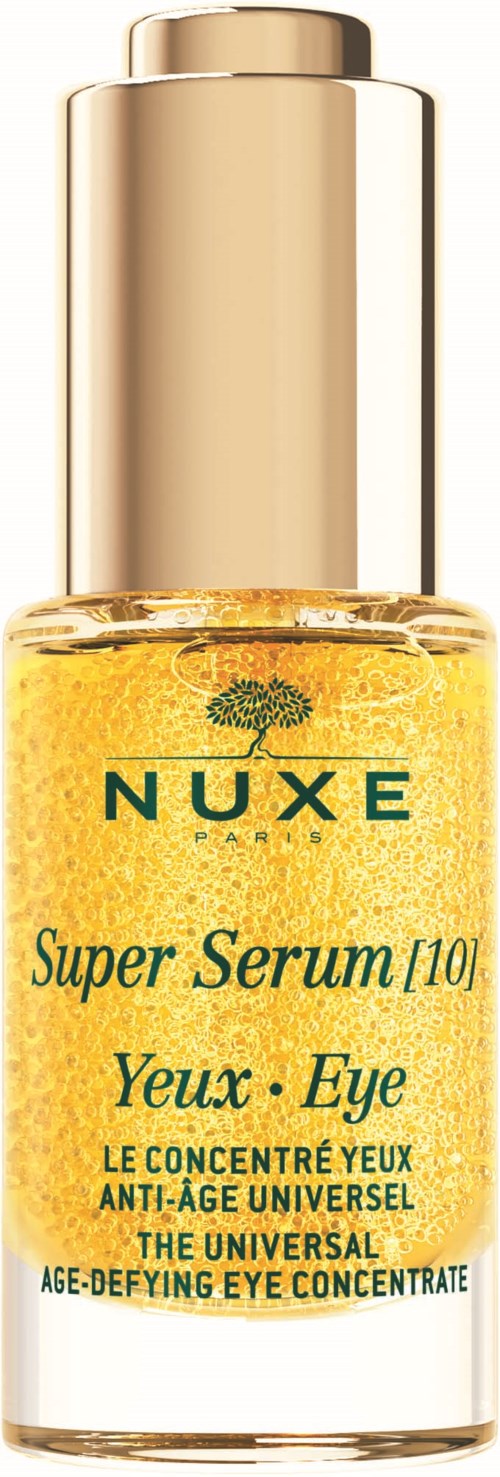 Een kleine glazen fles met een gouden dop, bevat geel oogserum van Nuxe, gemarkeerd als anti-veroudering en universeel.
