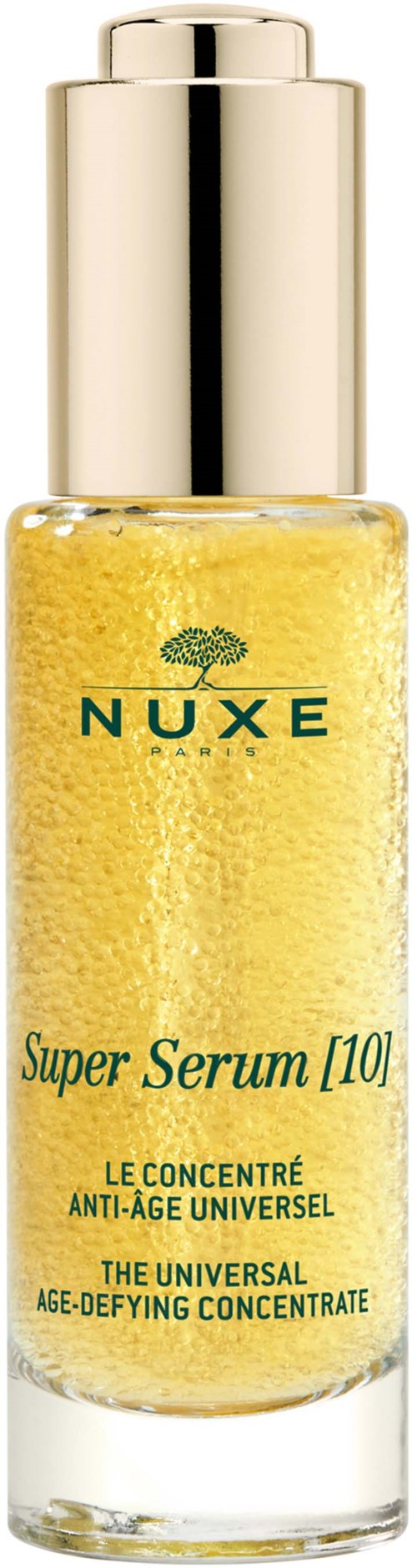 A yellow serum in a clear bottle with a gold cap, labeled NUXE Super Serum 10, anti-age and age-defying.