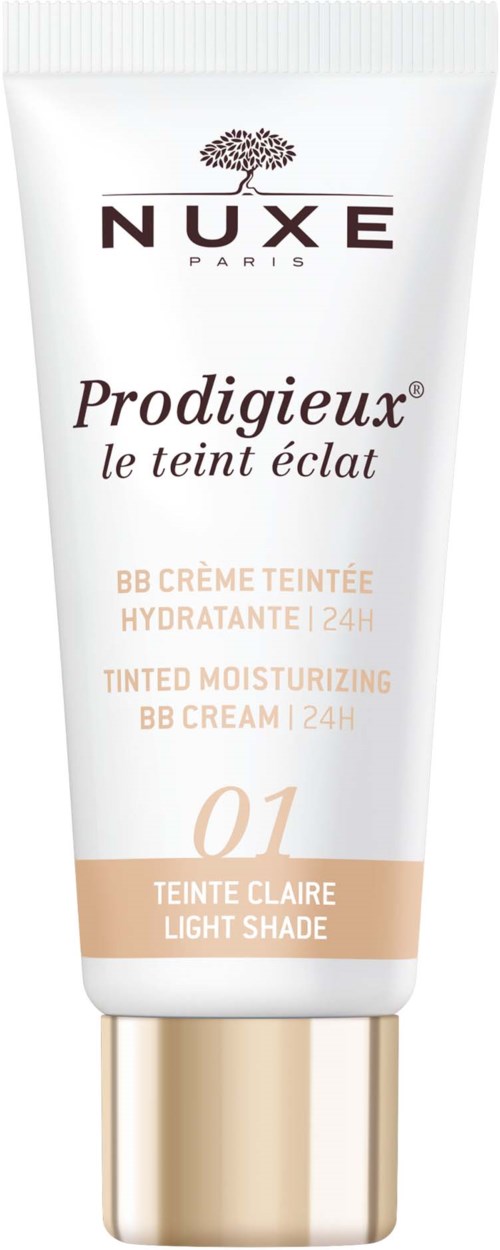 Een witte tube van NUXE Prodigieux getinte vochtinbrengende BB-crème met gouden dop, voor lichte tint, 24 uur hydratatie.