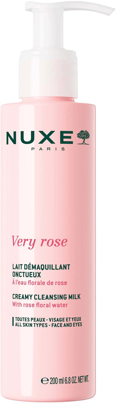 A pink bottle of Nuxe Very Rose cleansing milk with a pump, for face and eyes, suitable for all skin types.