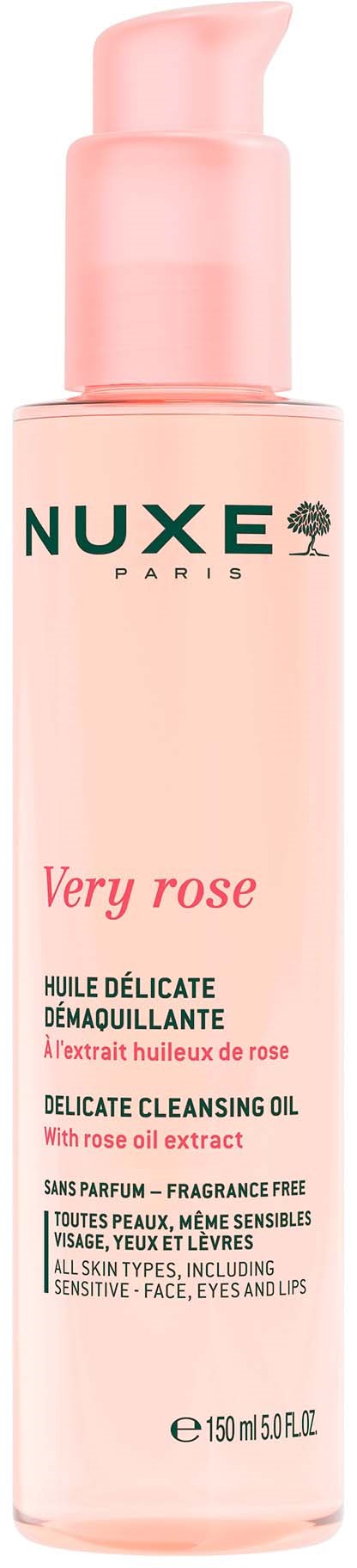 Eine rosa Flasche mit ‚Very rose‘, enthält Reinigungsöl mit Rosenextrakt, für empfindliche Haut und Augen.