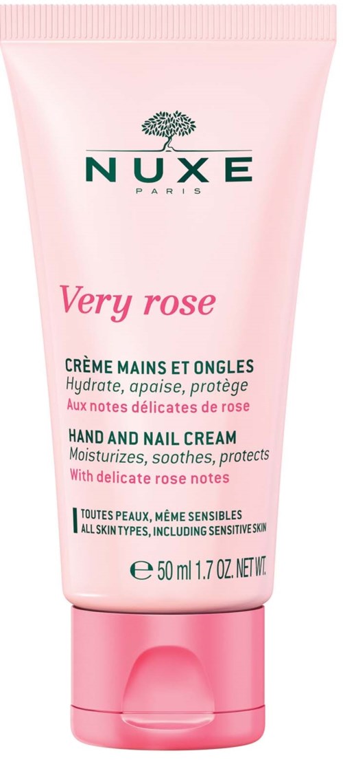 Roze tube NUXE Very Rose hand- en nagelcrème, voor kwetsbare huid, met rozennoten.