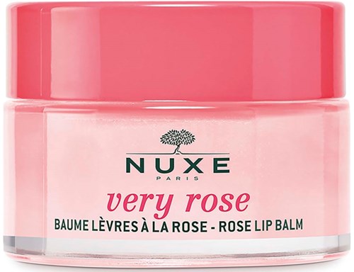 Pinkki Nuxe Very Rose -huulirasvaho, jossa vihreä logo ja valkoinen ja pinkki etiketti.