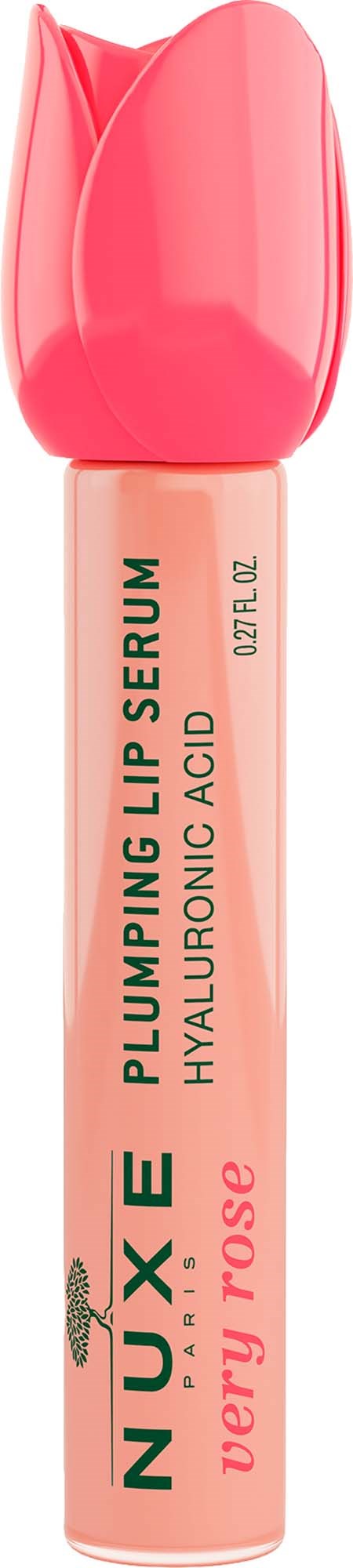 A lip serum bottle with a pink tulip-shaped cap and label showing hyaluronic acid and rose.