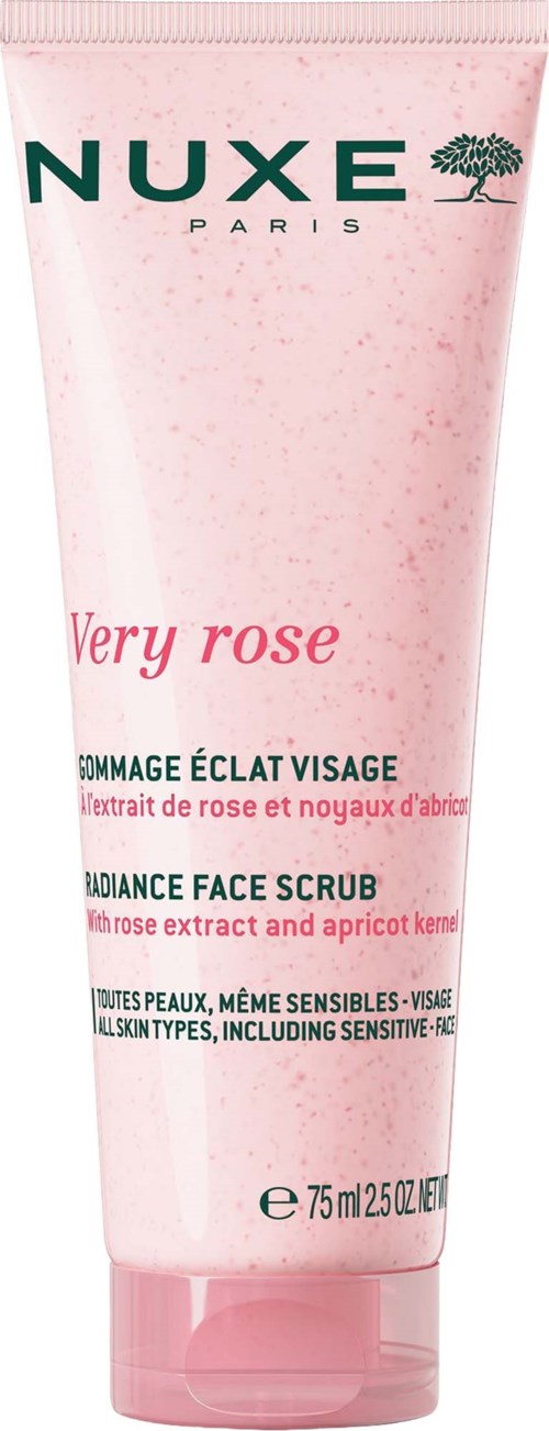 En rosa tub märkta NUXE Paris med Very Rose ansiktsskrubb, innehåller rosextrakt och aprikoskerne, för känslig hud.