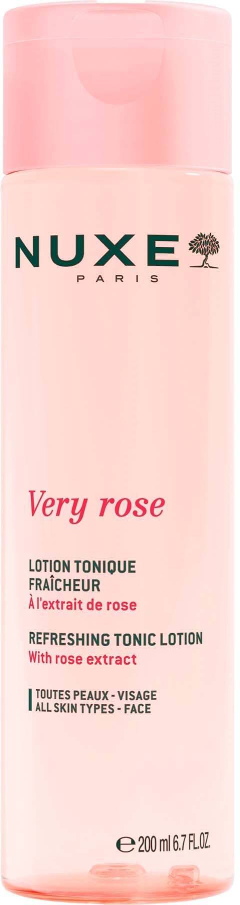 En rosa flaska Nuxe Very Rose fräscht toner med rosextrakt för alla hudtyper.