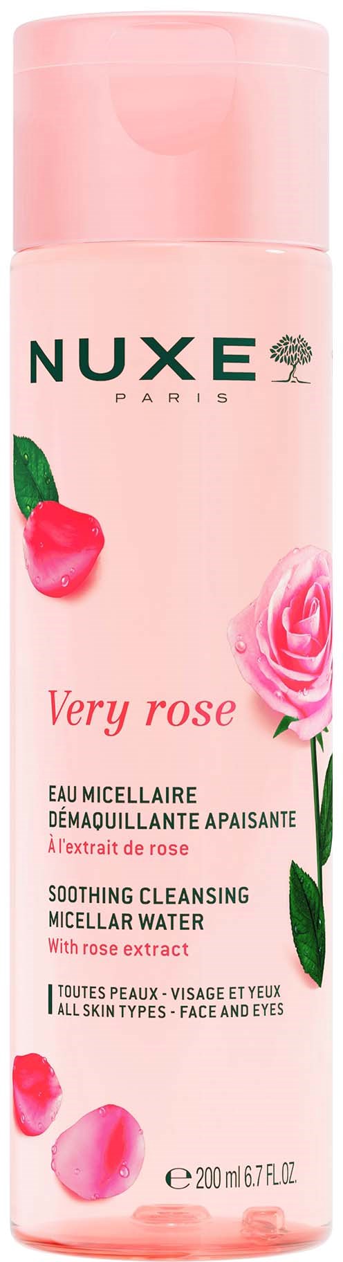 Pink bottle of Nuxe Very Rose soothing cleansing micellar water with rose images and green leaves.