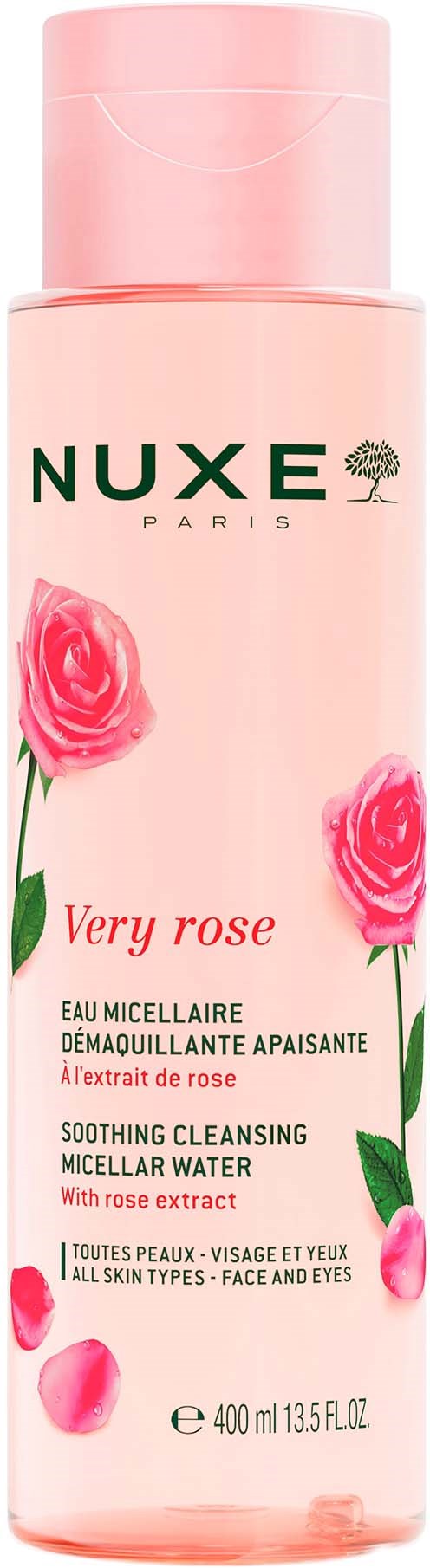A pink bottle of Nuxe Very Rose soothing cleansing micellar water with rose images and green text.