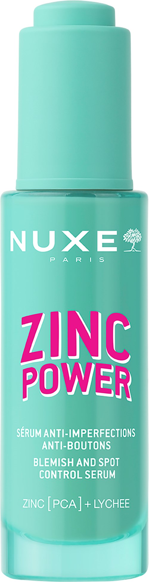 Turkusowa butelka z napisem 'Nuxe Zinc Power', serum przeciw niedoskonałościom z cynkiem i lychee.