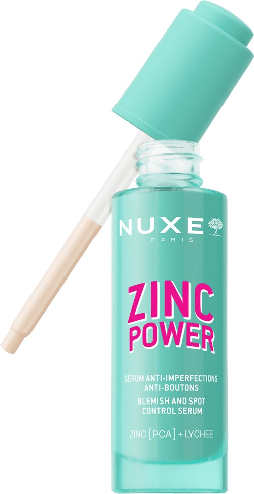 Turkusowa butelka z kroplomierzem, z etykietą NUXE Zinc Power serum na niedoskonałości i pryszcze.