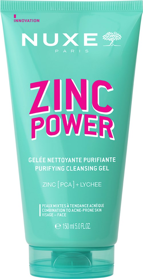 Een groene tube met de tekst 'Nuxe Zinc Power Purifying Cleansing Gel' in roze en wit, voor huidverzorging.