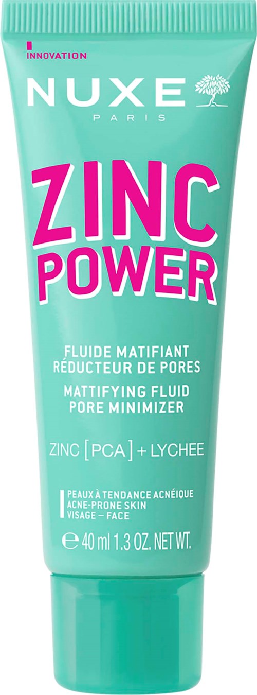 Bright teal tube labeled Zinc Power, with pink and white text, for face skin pore reducing and mattifying.