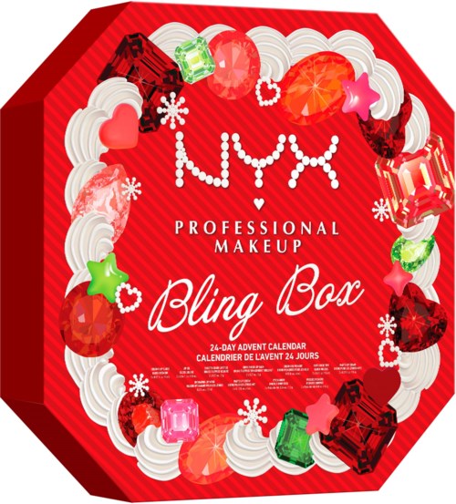 NYX profesjonell makeup Bling Box julekalender med røde, hvite og flerfargede juveldekorasjoner og festlige snøfnugg.