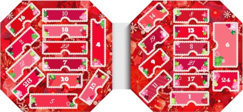 Julekalender med nummererte lukker, dekorert med snøfnugg og julepynt.
