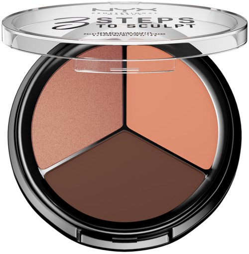 En rund makeup-compact med tre olika nyanser av pressat puder inuti. Nyanserna varierar från ljus till mörk.