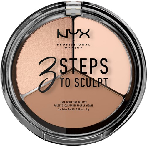 Eine Makeup-Palette mit drei Farben und Text "3 Steps to Sculpt" von NYX Professional Makeup.
