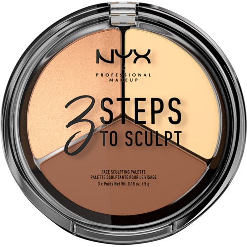 Een ronde make-up palette met drie tinten en het NYX-logo, gelabeld als gezichtssculpting palette.