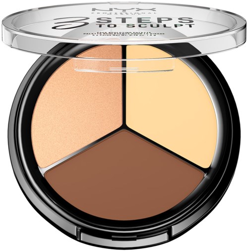 Een compacte make-up palette met drie tinten: perzik, geel en bruin. Het heeft een doorzichtige deksel met zwarte tekst.