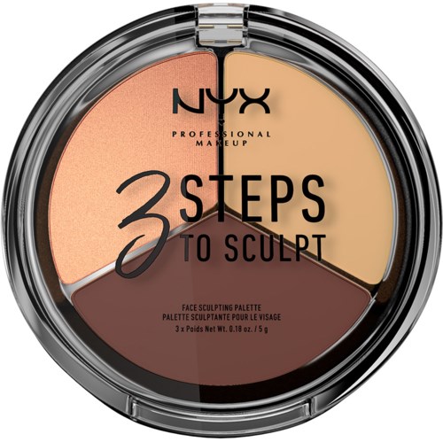 En rund makeup-palett med tre färger: persika, beige och brunt, märkt som NYX Professional Makeup för skulptering.
