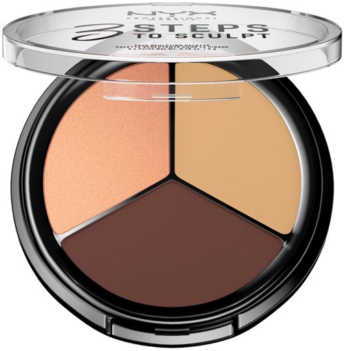 Ett runt makeup-palett med tre nyanser: persika, beige och mörkbrun, täckt av ett genomskinligt lock.