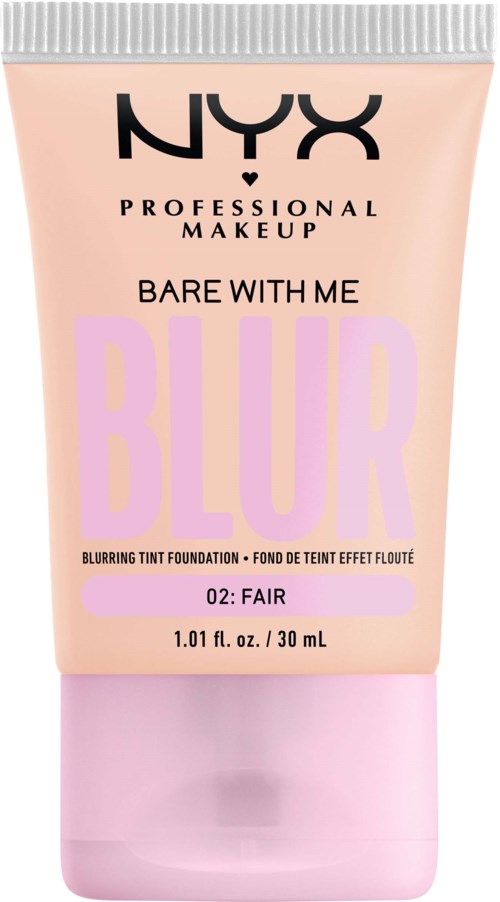 A pink tube with NYX branding, labeled 'Bare With Me Blur' foundation, shade 02: Fair, 30 mL.