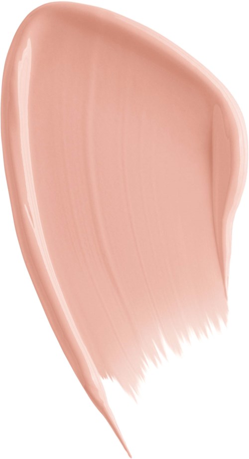 En mjuk rosa makeupborststreck, slät med spets, på vit bakgrund.