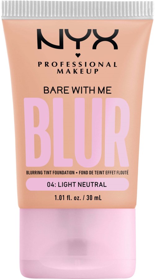 A pink and beige tube of NYX Blur foundation labeled 'Bare With Me' in light neutral shade.