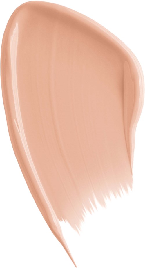 A beige, curved makeup brush stroke, smooth with some texture, pointing downward.