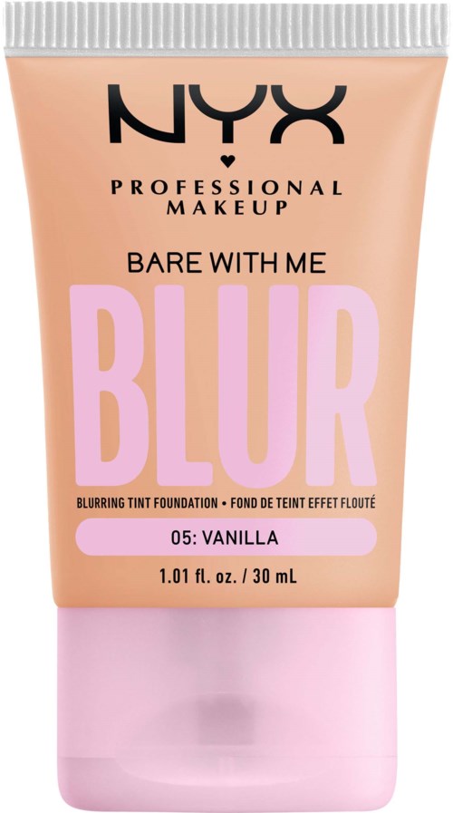 NYX Blur -meikkivoideputeli vaaleanpunaisella ja beiget värisäällä, merkitty 'Bare With Me Blur' keskellä.