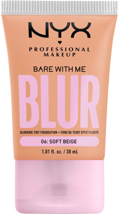En persikfärgad tub med NYX professionell makeup blurring tint i mjuk beige, 30 ml storlek.