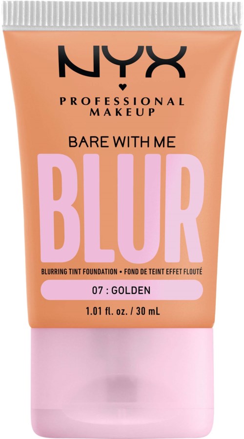 A tube of NYX Blur foundation in shade 07 Golden, labeled "Bare With Me Blur," with a pink cap.