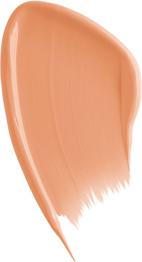 A peach-colored, smooth, curved liquid makeup swatch with a slightly pointed tip.