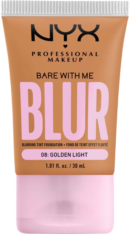 A cosmetic tube of NYX blur foundation, labeled 'Bare With Me Blur', in shade 08 Golden Light, 30ml.