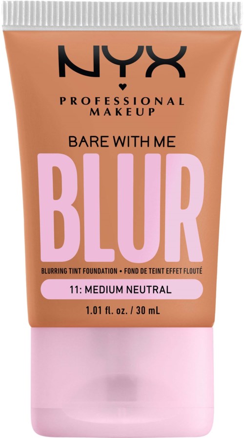 A tube of NYX Blur Foundation, medium neutral shade, labeled 'Bare With Me Blur' with 30 mL size.