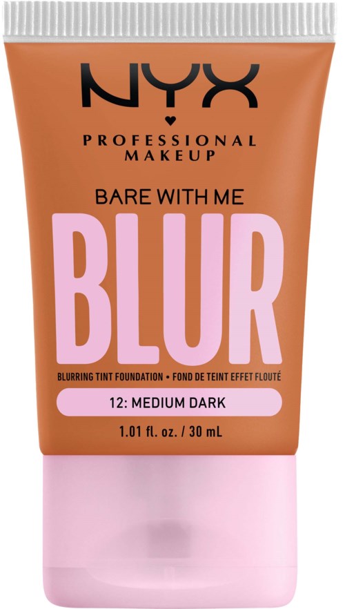 NYX Blur foundation in medium dark, 30 mL, with a peachy-orange tube and pink cap.