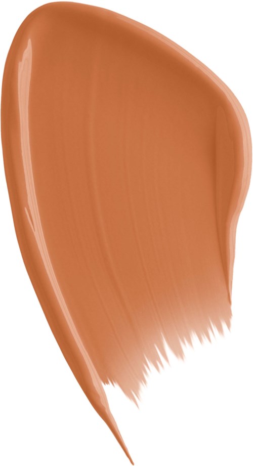 A wide, curved streak of tan-colored makeup or cream product with a pointed tip and brush strokes at the bottom.