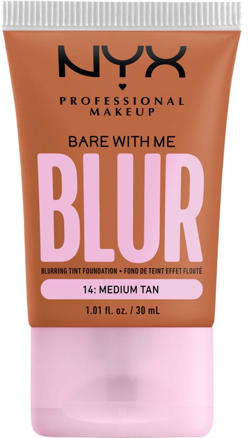 A tube of NYX foundation labeled 'Bare With Me Blur' in medium tan shade.