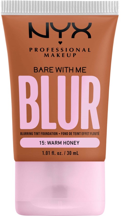 A tube of NYX Blur foundation in shade Warm Honey, labeled as part of 'Bare With Me' line.